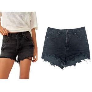 We The Free People Black Denim Shorts 31 Button Fly Distressed Destroyed Rip